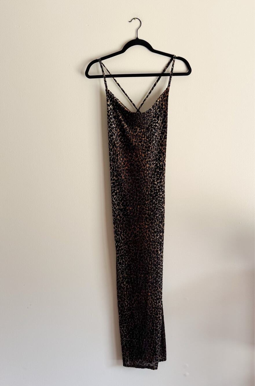 River Island Black + Golden Green Velvet Printed X Back Side Slit Long Dress 10